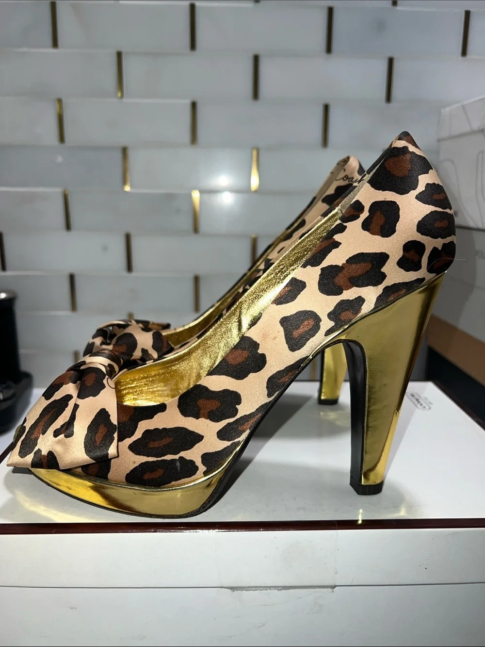 COACH Brown Multi Leopard Peep-Toe Bow Pumps